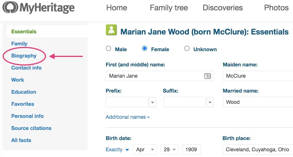 screenshot of MyHeritage website, biography section of "edit profile"