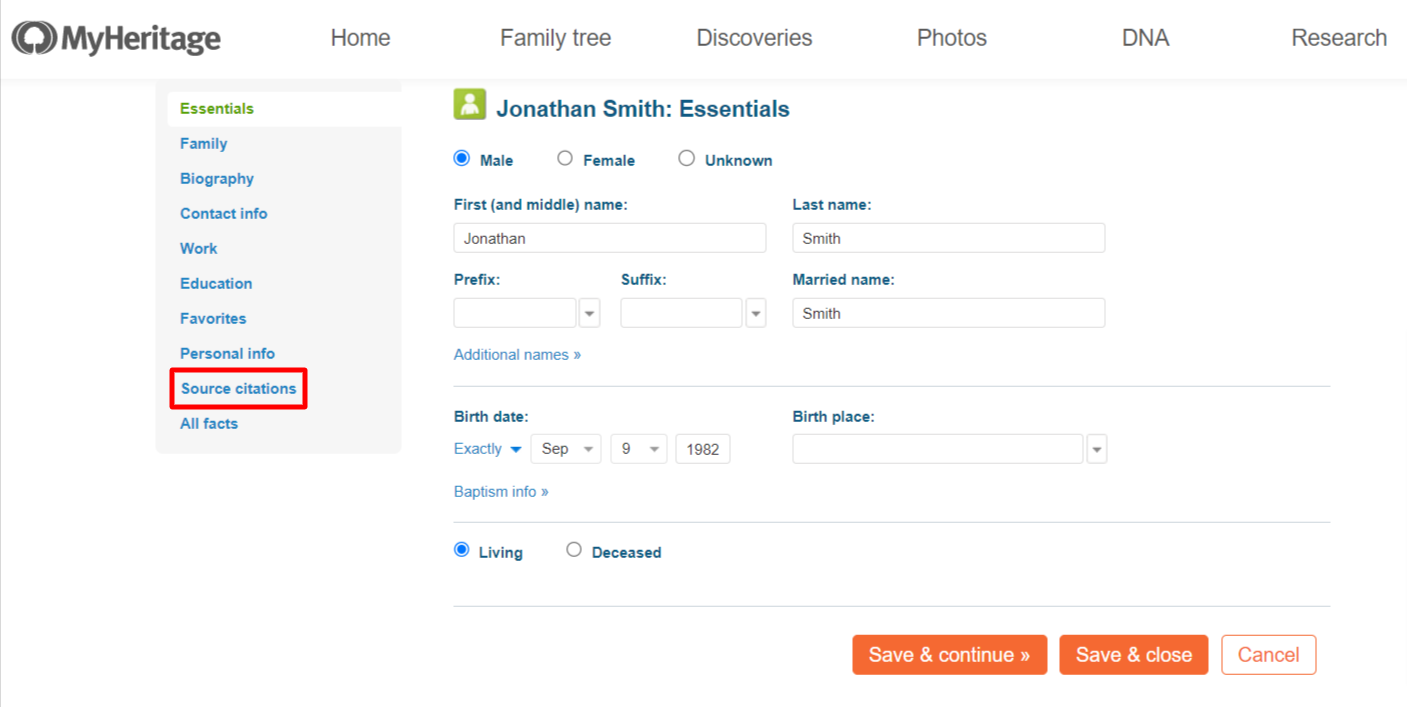 Citing genealogy sources on MyHeritage
