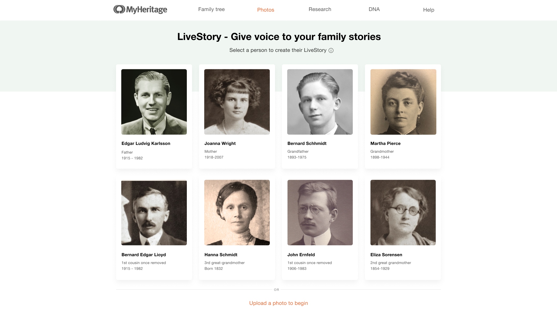 DeepStory lobby page on MyHeritage
