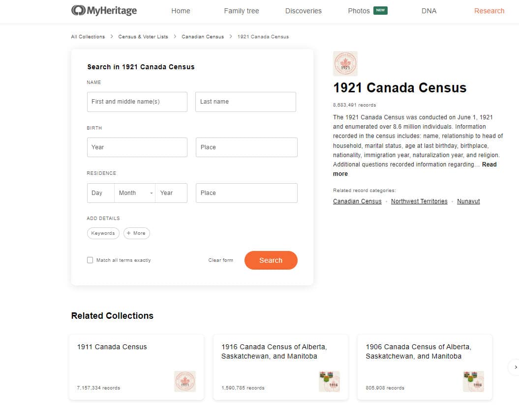 La colección de censos canadienses de 1921 en MyHeritage