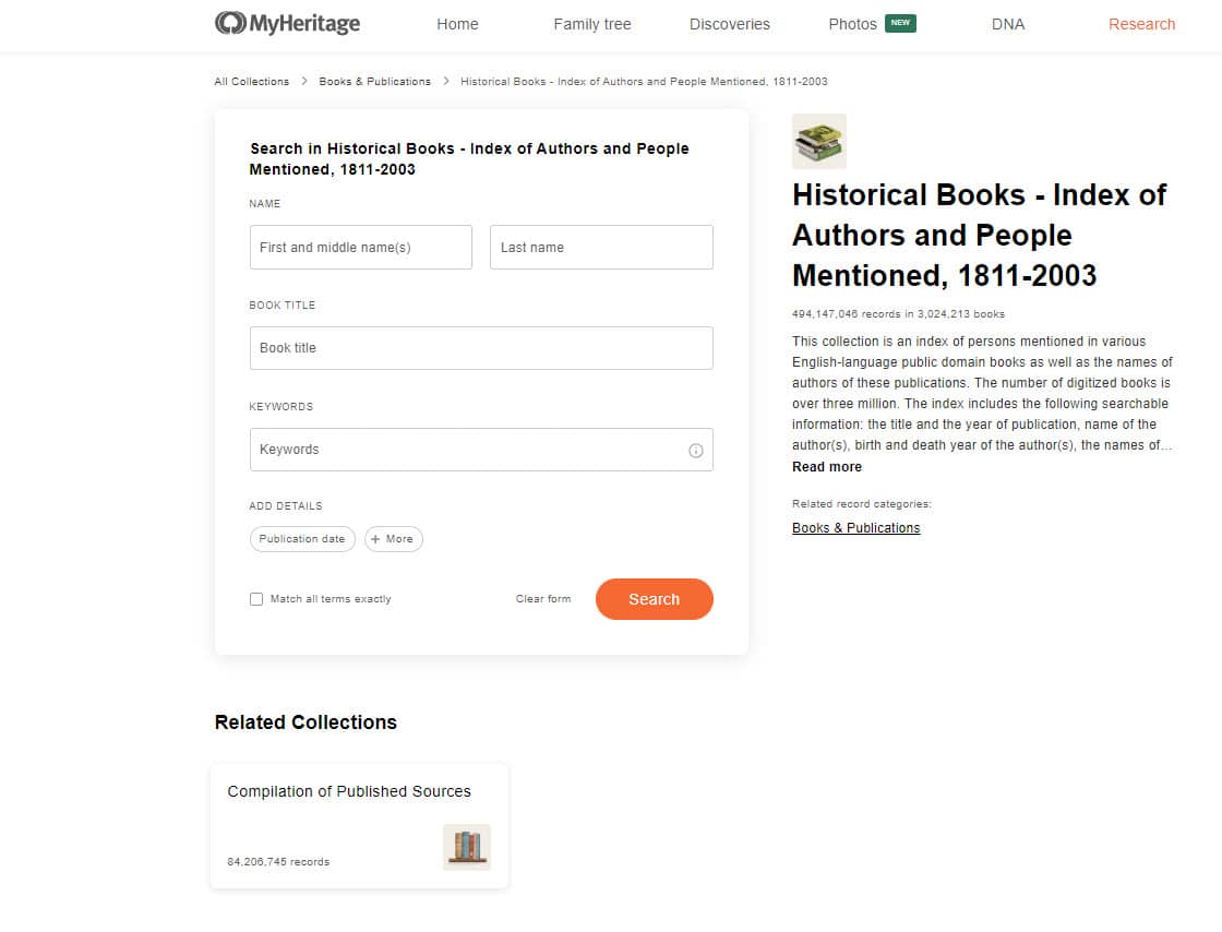 La colección Libros Históricos; Índice de Autores y Personas Mencionadas, 1811-2003 en MyHeritage