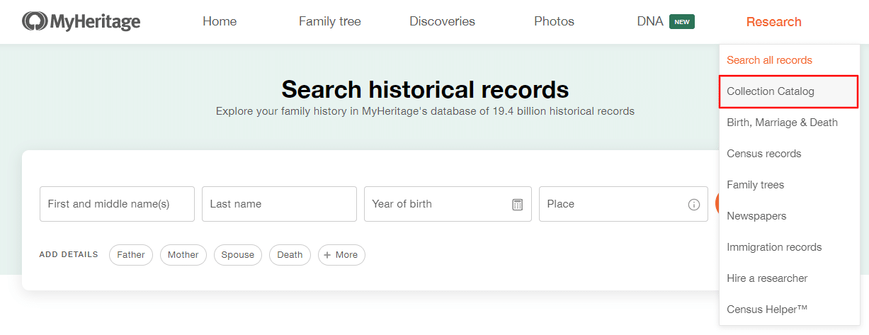 Acceso al catálogo de colecciones en MyHeritage
