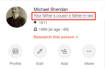 Panel de perfil en el árbol familiar de MyHeritage con la relación resaltada
