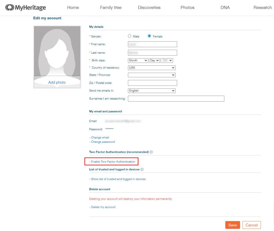 Enabling 2FA on your MyHeritage account